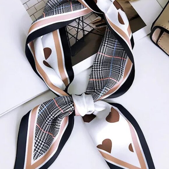 2/$30 Silk Satin Scarf Brown Hearts & Geometric Print Neck, Hair, Bag Accessory - Picture 4 of 4